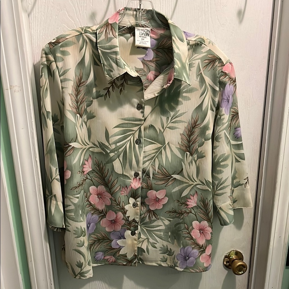 Allison Daley Floral Button Down Shirt - Green and Pink